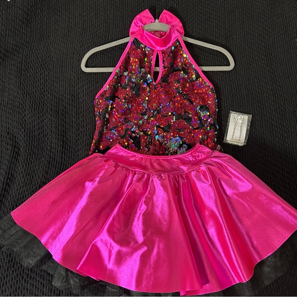A Wish Come True Other - A Wish Come True Girl’s Dance Recital 2 Pc Costume Pink Black Sequins with Bonus
